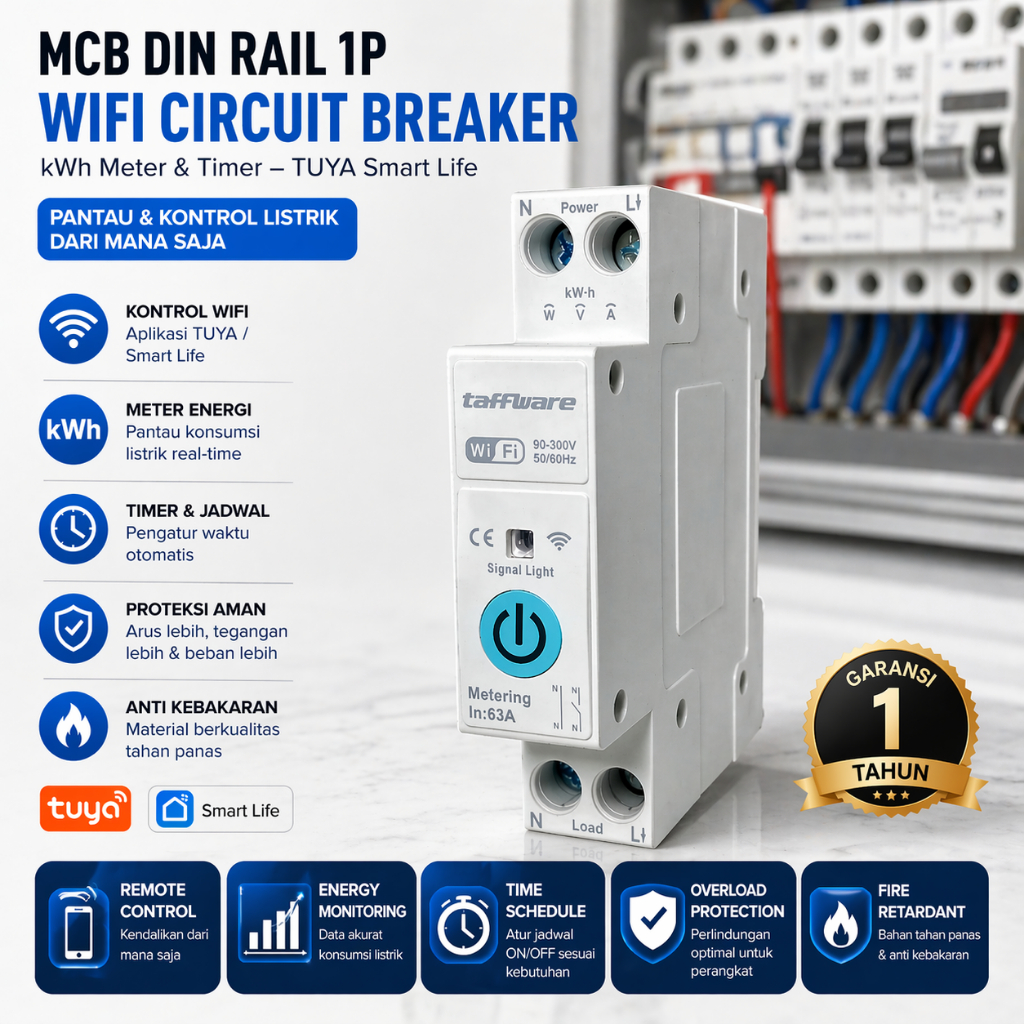 Jual Taffware MCB Din Rail 1P WiFi Circuit Breaker TUYA kWh Meter Timer ...
