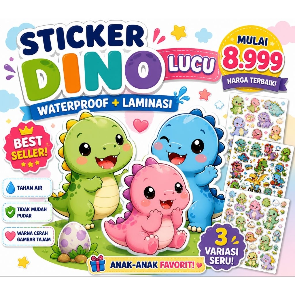 Jual Sticker Dino Lucu Waterproof | Laminasi Tebal | Full Color HD ...