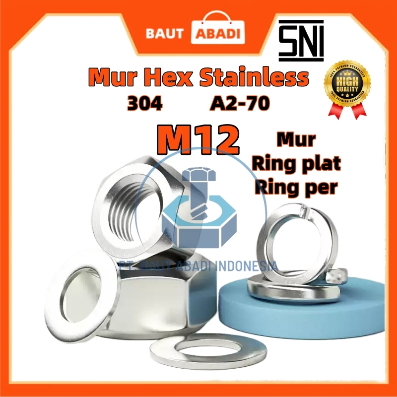 Jual Mur Hex Stainless Steel M12 SS 304 A2-70 / Ring plat SUS 304 Ring ...