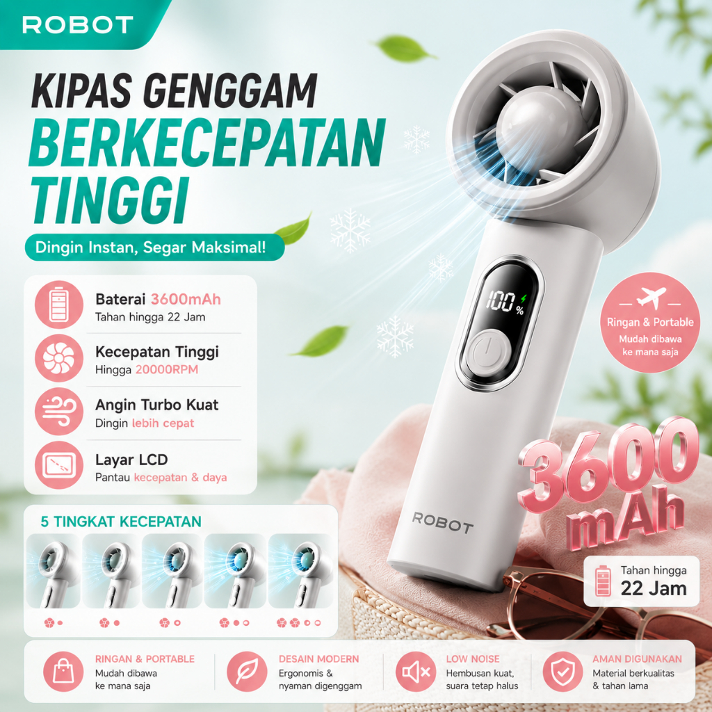 Jual ROBOT Kipas Angin Mini Portable 3600mAh Genggam Powerful Handheld ...