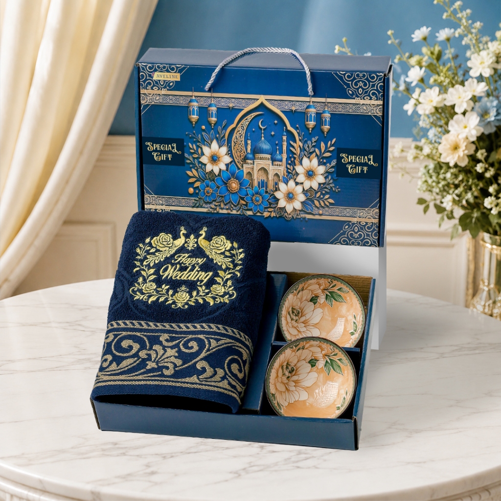 Aveline Handuk Couple Set Bordir Kado Pernikahan / Handuk Seserahan / Souvenir / Hadiah / Gift / Set Hampers Handuk & Mangkok Premium Wedding