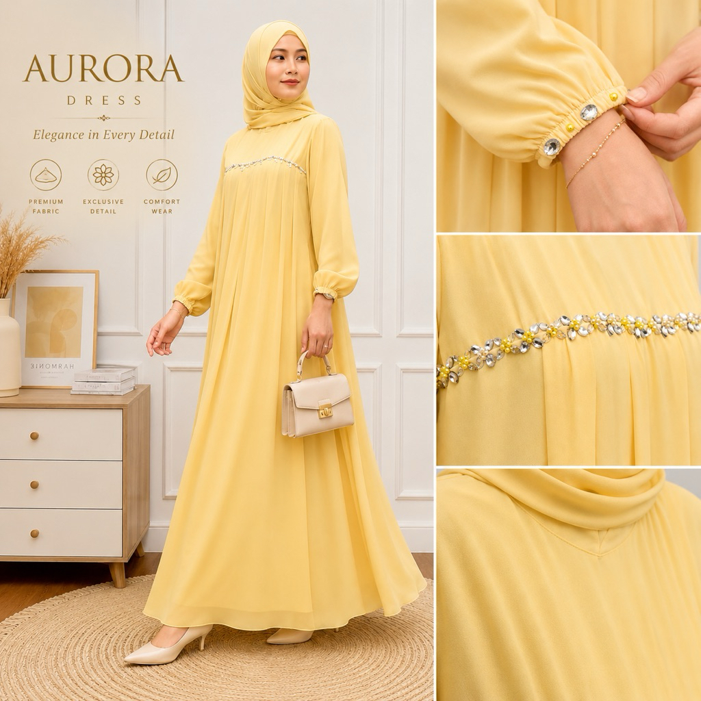 Jual Gamis Warna Butter Yellow Wanita Terbaru 2026 Polos Elegan Dress ...