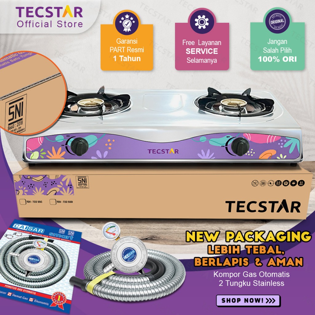 Jual TECSTAR Kompor 2 Tungku Pemantik Otomatis Stainless Steel Anti ...