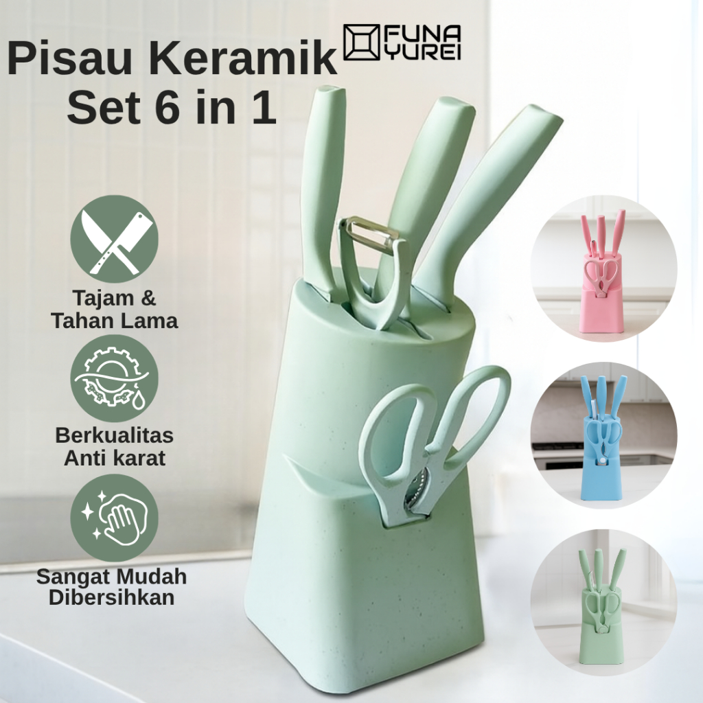 PISAU KERAMIK 6IN1 UNTUK DAPUR – SET MASAK LENGKAP + RAK PENYIMPANAN MODERN FUNAYUREI