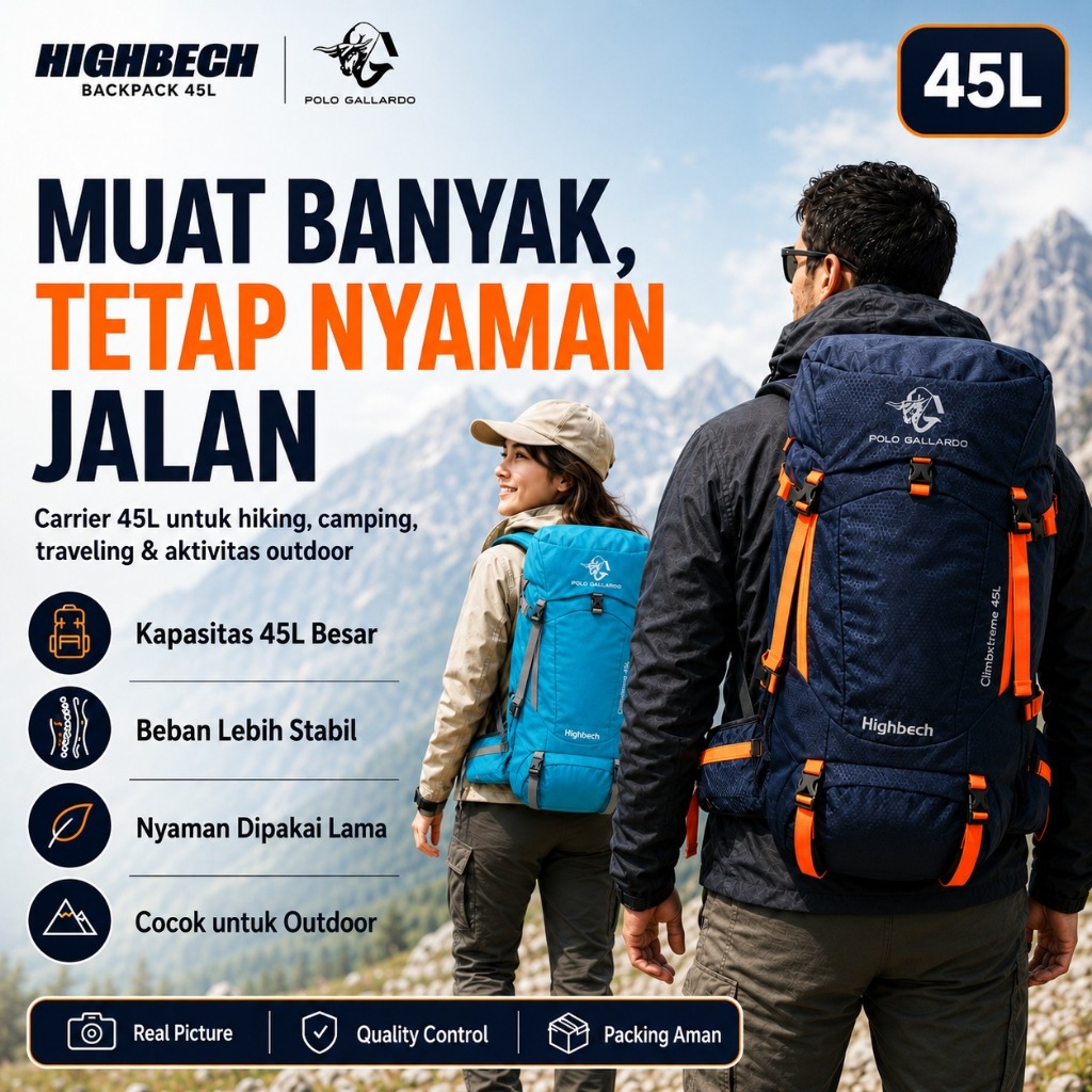 Polo Gallardo Highbech Tas Carrier 45 Liter Ransel Gunung Backpack Camping Outdoor Hiking Mendaki