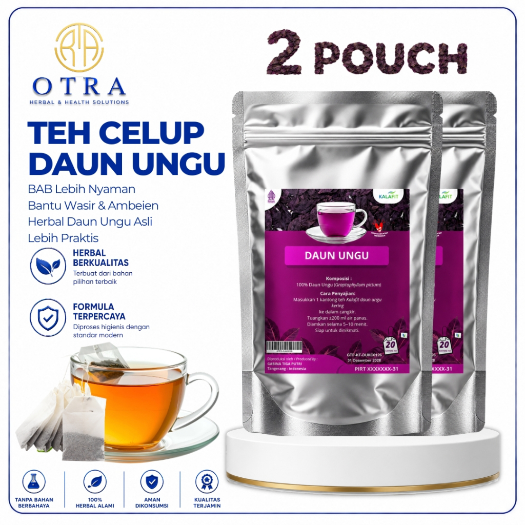 PAKET 2 POUCH Teh Celup Daun Ungu Handeleum Wasir Ambeien Ambeyen BAB Berdarah Benjolan Tanpa Operasi Herbal 20 Bag