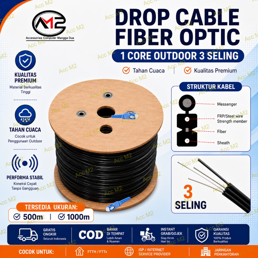Jual Kabel Precon FO Drop Cable Fiber Optic 1 Core Outdoor 3 Seling ...