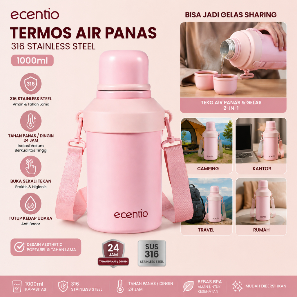Jual ecentio tambler botol minum 1 liter, 316 stainless steel termos ...