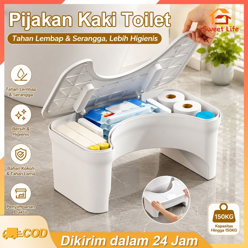 Sweet Life_ Bangku Kaki Toilet Dengan Penyimpanan Bangku Toilet Multifungsi Bangku Kamar Mandi Anti Selip