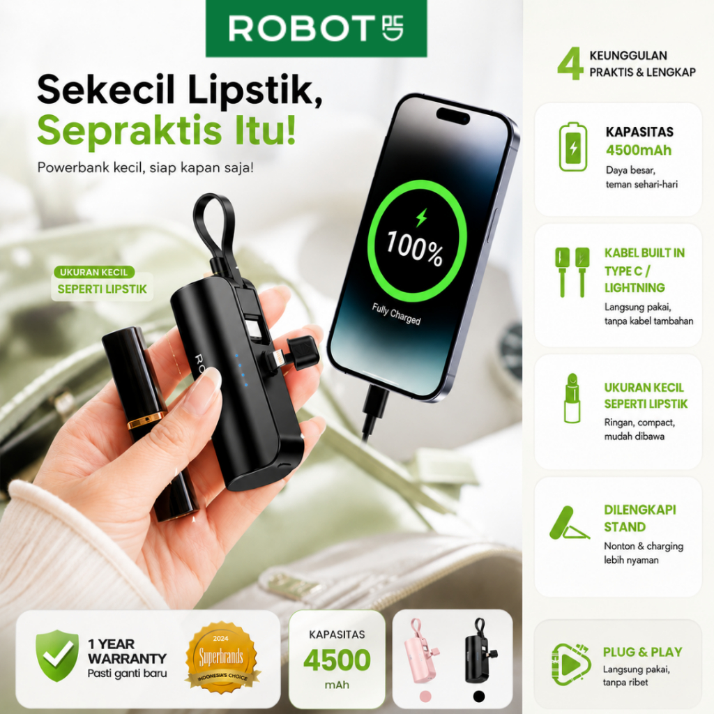 ROBOT Powerbank 4500mAh Mini Portable Fast Charging Lightning & Type-C Power Bank Ringan & Lucu Warna Pink Ideal untuk iPhone & Smartphone Android Travel Friendly Original - RP-051L