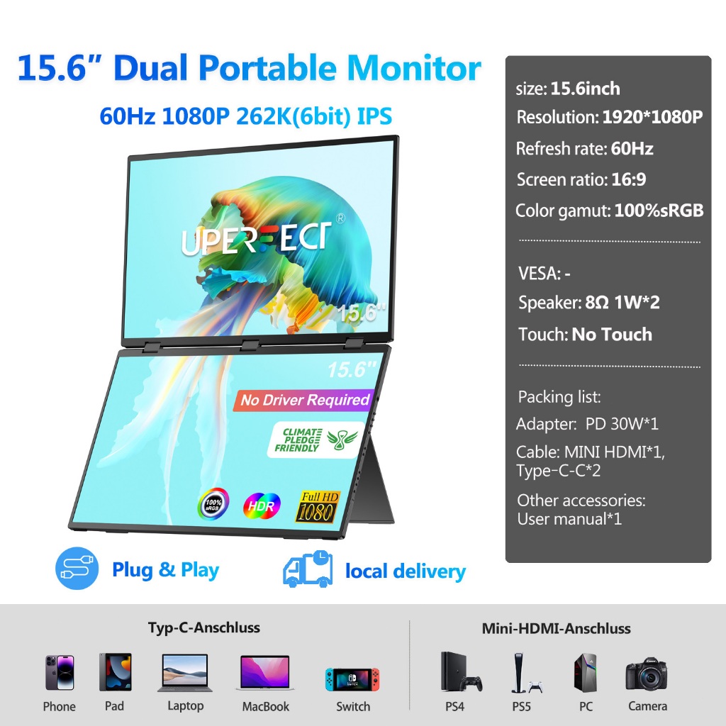 Jual UPERFECT Portable Monitor Dual Screen 15.6/18.5 Inch 1920*1080 FHD ...