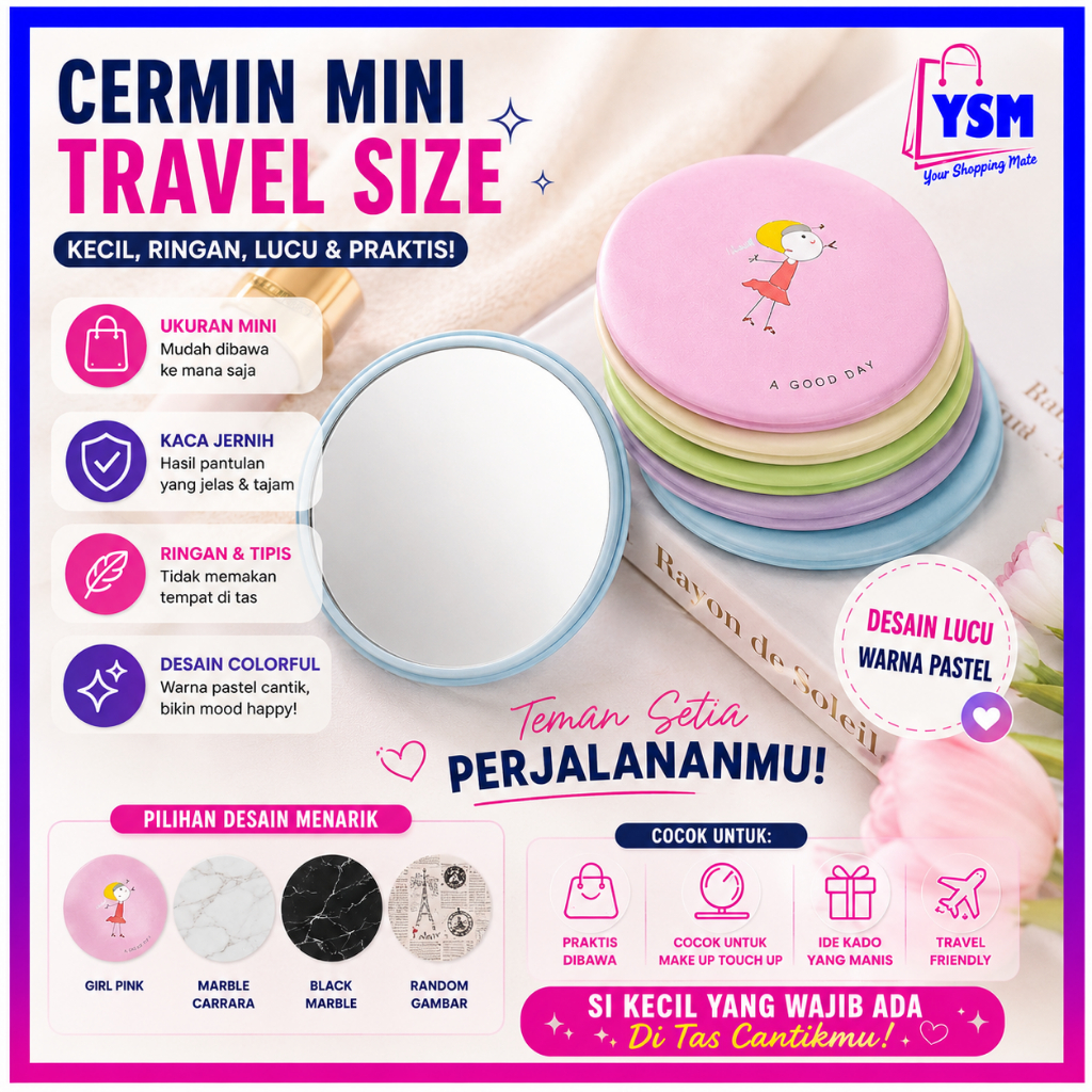 YSM Cermin Bulat Karakter Kaca Cermin Make Up Mini Kaca Travelling Motif Lucu Kaca Mini Travel Size