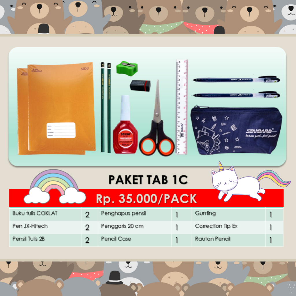 Standard - Paket TAB 1C ( Buku, Pensil, Pulpen, Penghapus, Rautan, Penggaris, Tip Ex, Gunting, Pencase ) (7)