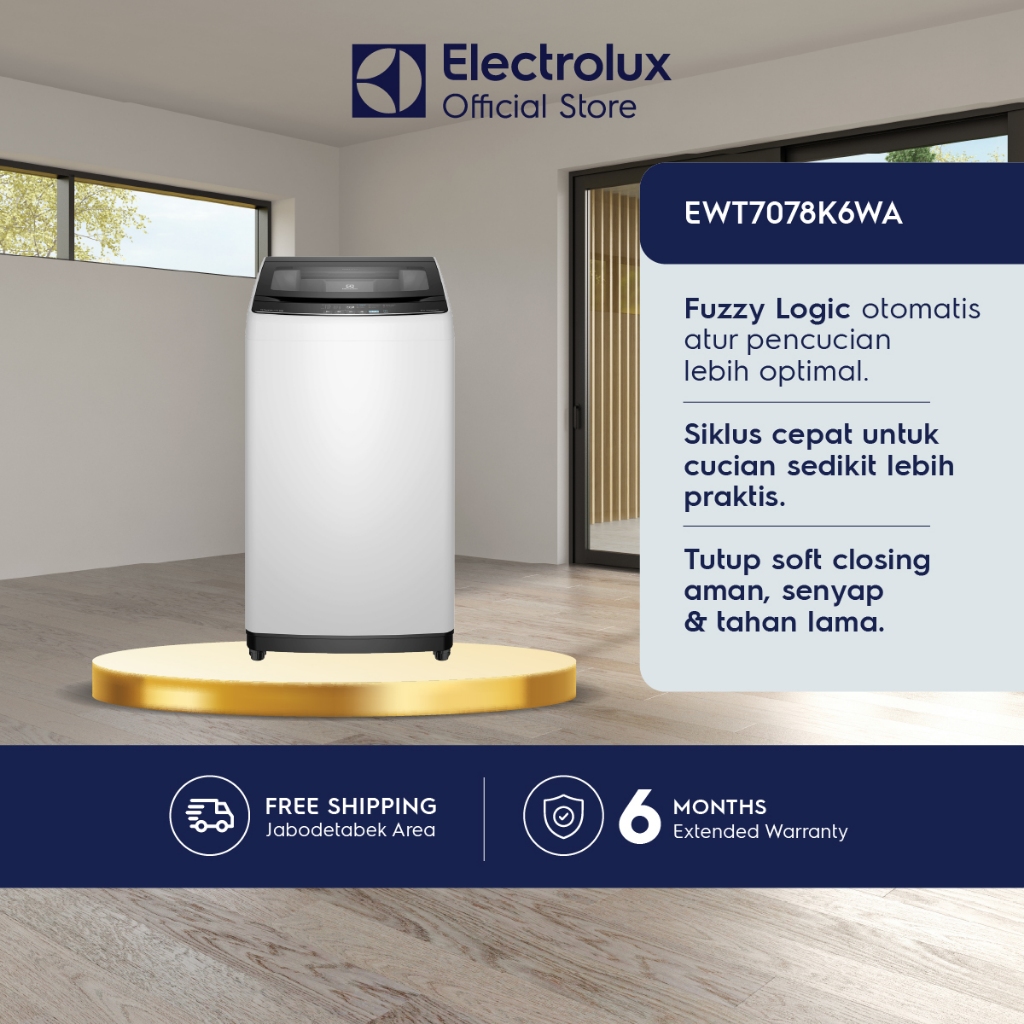 Electrolux Mesin Cuci Top Loading 7kg - Tub Clean - Mengurangi Kusutan - Cuci Cepat 20 menit - Garansi 10 Tahun Motor - EWT7078K6WA
