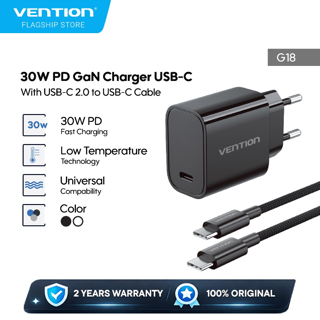 Vention Kepala Charger Kit Adaptor 20W 30W PD EU Bundling Kabel USB C/Lightning 3A 60W 1M Braided Cable for Android Iphone 8 10 11 12 13 14 - G18