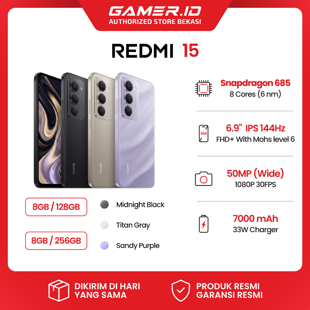 XIAOMI REDMI 15 (8/128GB) (8/256GB) SNAPDRAGON 685 GARANSI RESMI