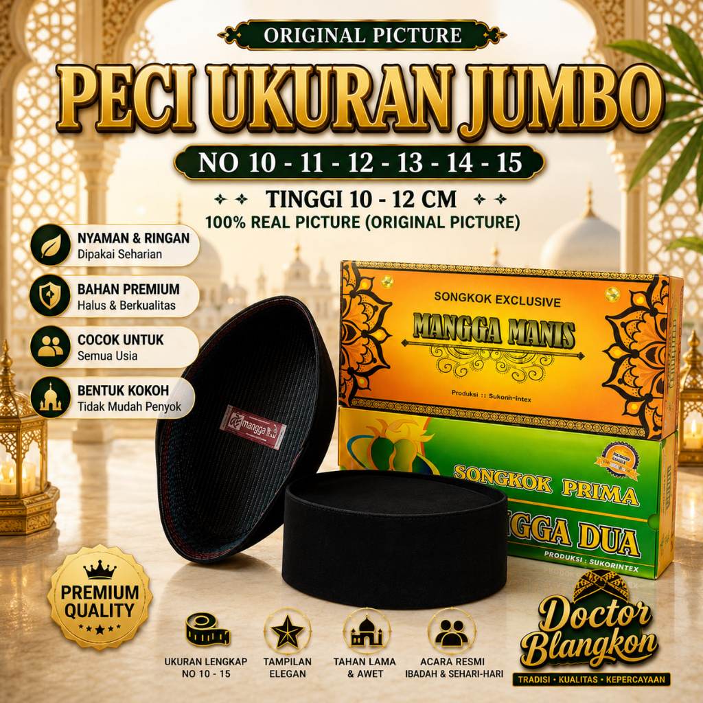 Peci kupya songkok ukuran jumbo / besar No 10-11-12-13-14-15. Tinggi 10Cm dan 12Cm