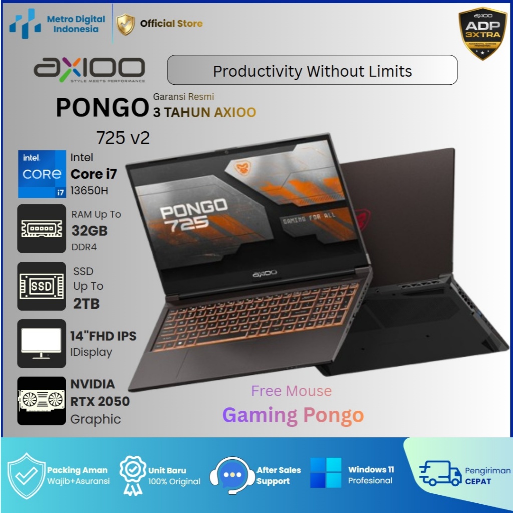 AXIOO Gaming Pongo 725 v2 Intel Core i7 13650H Ram32Gb Ssd2Tb Rtx2050 15.6" Ips 144Hz Windows 11 Pro