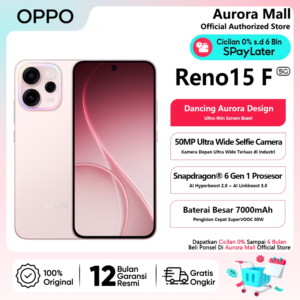 HP OPPO Reno 15F 5G 8/256GB 12/256GB 50MP Ultra Wide Selfie Camera OPPO Terbaru 2026 Garansi Resmi