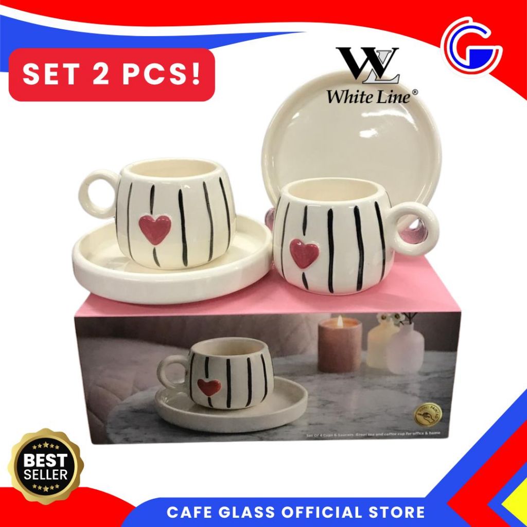 Cangkir Lepek Set Keramik Embos Love White Line - Cup and Saucers Amore 183 Ml Aesthetic -  Hampers Wedding Gift Box Couple