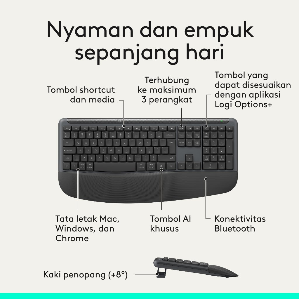 Logitech Signature Comfort Plus Combo MK880 Wireless Keyboard and Mouse Combo, Keyboard Nyaman Ukuran Penuh dengan Sandaran Telapak Tangan, Klik Senya (7)
