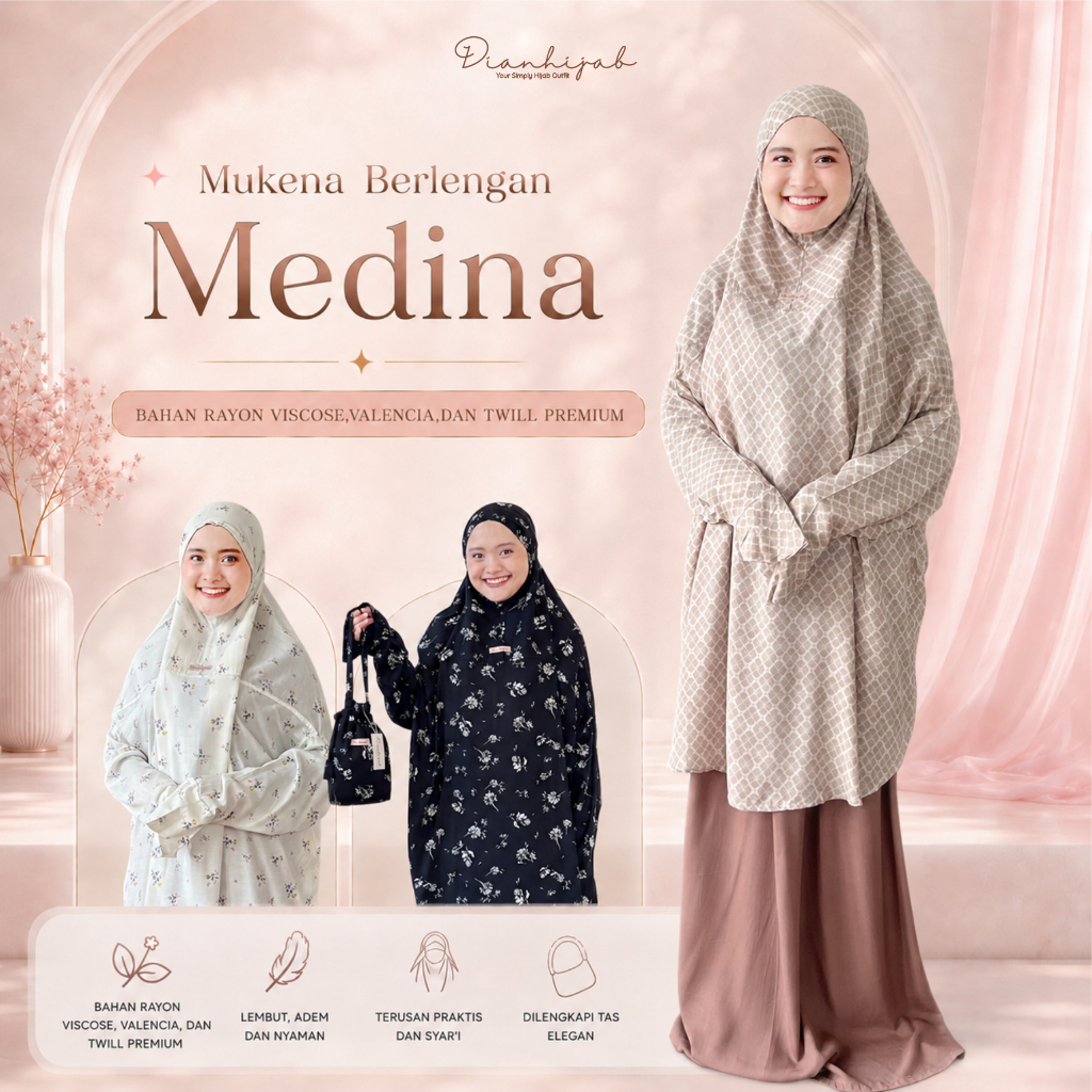 Mukena Setelan Berlengan Dewasa Medina Series by Dianhijab.id - Bahan Rayon Viscose Adem Bisa COD