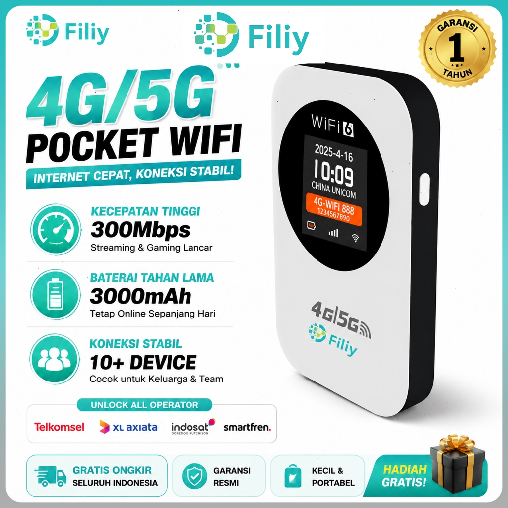 Filiy Modem Router Wireless Nirkabel WiFi 4G / 5G LTE Mini Modem All Operator 300Mbps Mobile Broadband WiFi 3000mAh 500 Square Meter Jangkauan
