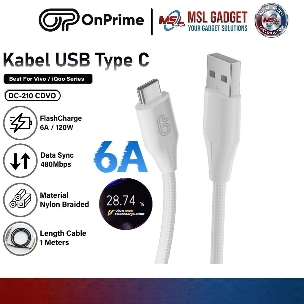 Jual ONPRIME Kabel Data Vivo iQOO USB Type C 6A Flash Charging 33W 44W ...