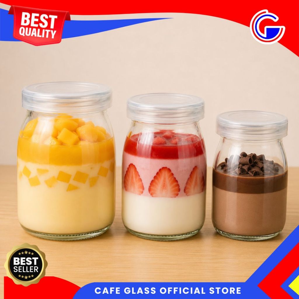 Botol Kaca Mini Tutup Plastik 100Ml, 150Ml, 200Ml - Jar Puding Jamu Susu - Wadah Kaca Kecil Serbaguna
