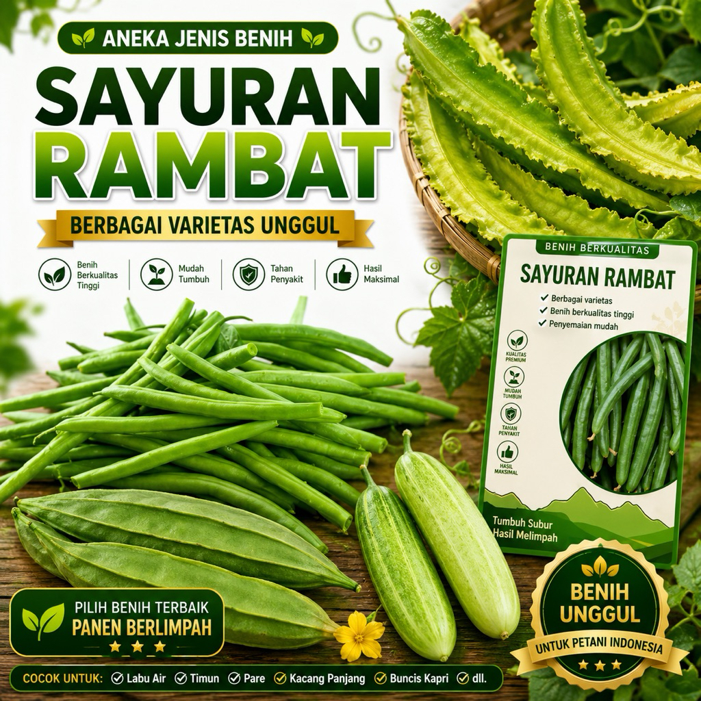 LENGKAP- Aneka Benih SAYURAN MERAMBAT, Labu Air, Timun, Pare, Kacang panjang, buncis kapri dll.