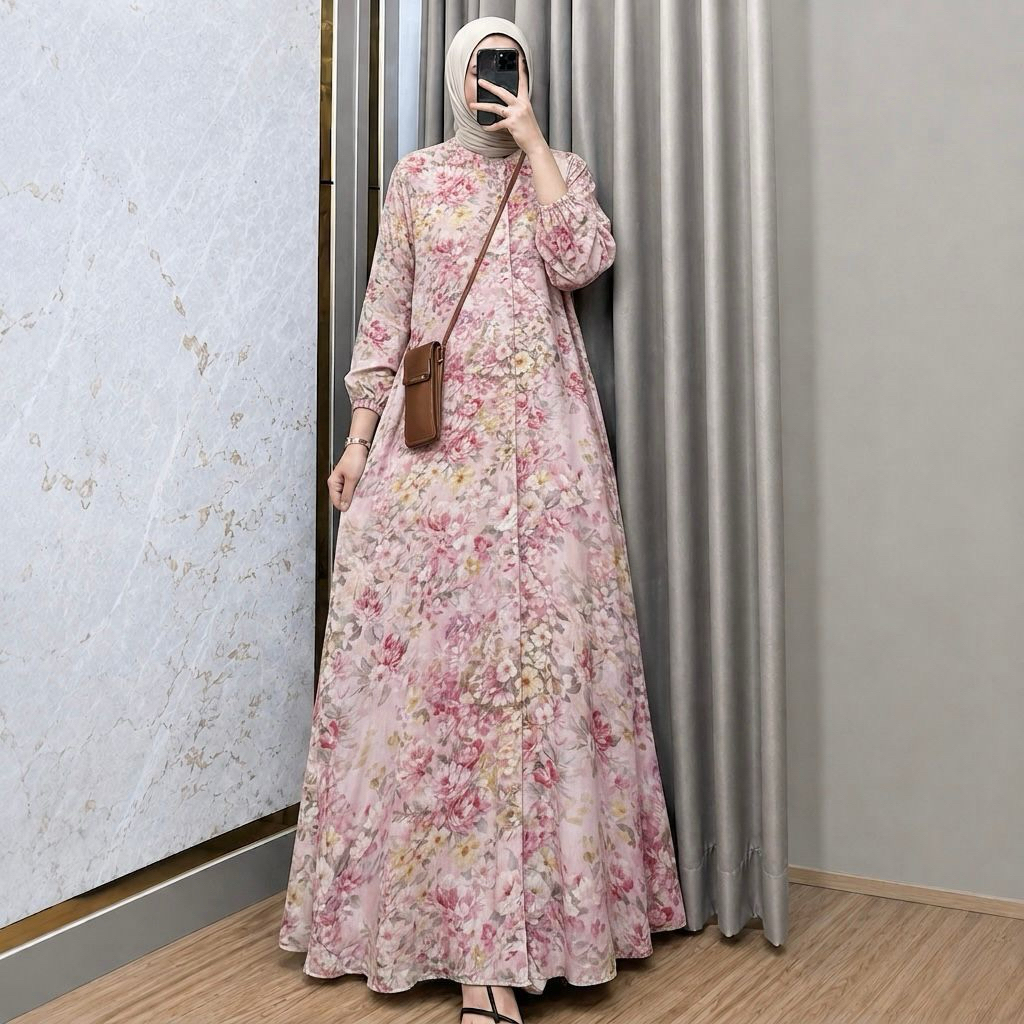 MAYZA DRESS Gamis Rayon Diamond Motif Bunga Kerah Shanghai Kancing Full Busui Friendly