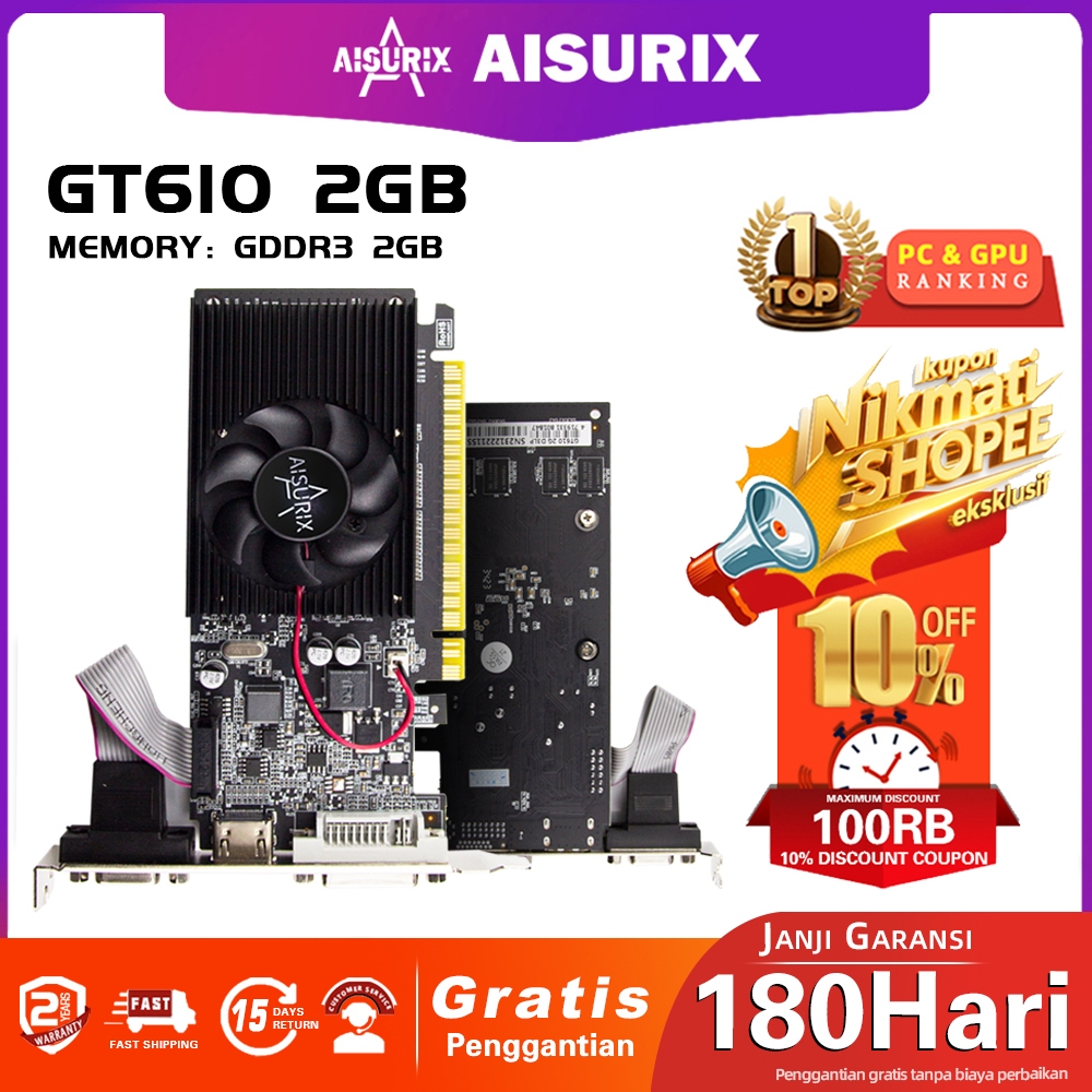 AISURIX GT 610 2GB VGA card DDR3 64Bit VGA+HD+DVI PCI-E 2.0 GT610