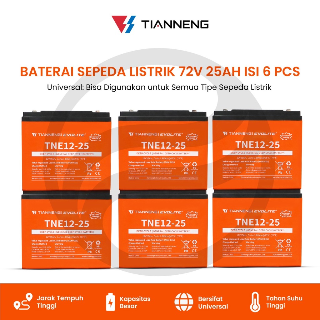 Baterai / Aki Premium Tianneng Evolite 72V 25Ah – High Temperature Deep Cycle (Isi 6 Pcs) untuk Sepeda & Motor Listrik