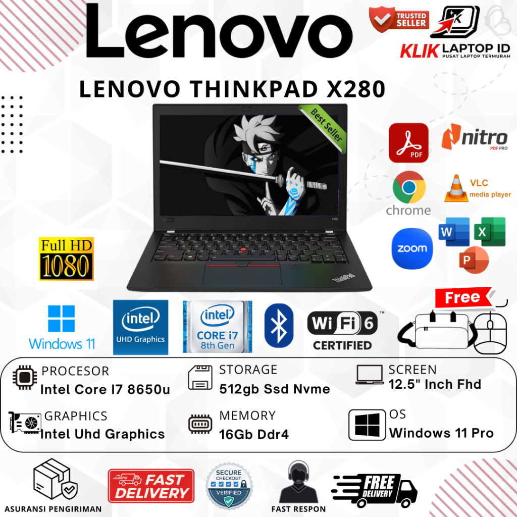 Laptop Promo  Lenovo Thinkpad X280 Intel i7/i5/i3 8250U 8GB 512GB SSD FHD Win10 Pro Black