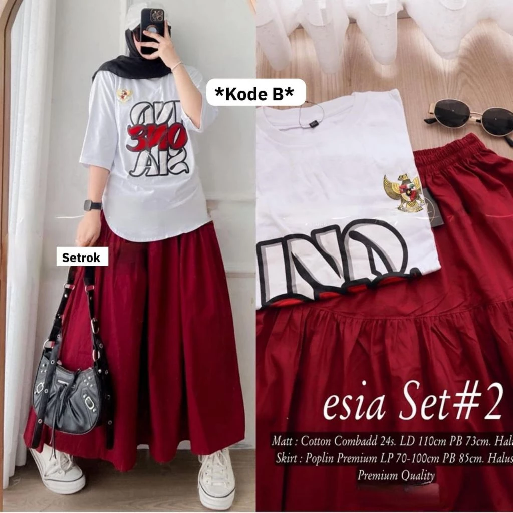 Setelan Rok Dan Celana Merah Putih Combed 20s Sz L XL Oneset Wanita Merah Putih Terbaru Spesial Baju 17 Agustus RI 1 - foto 1