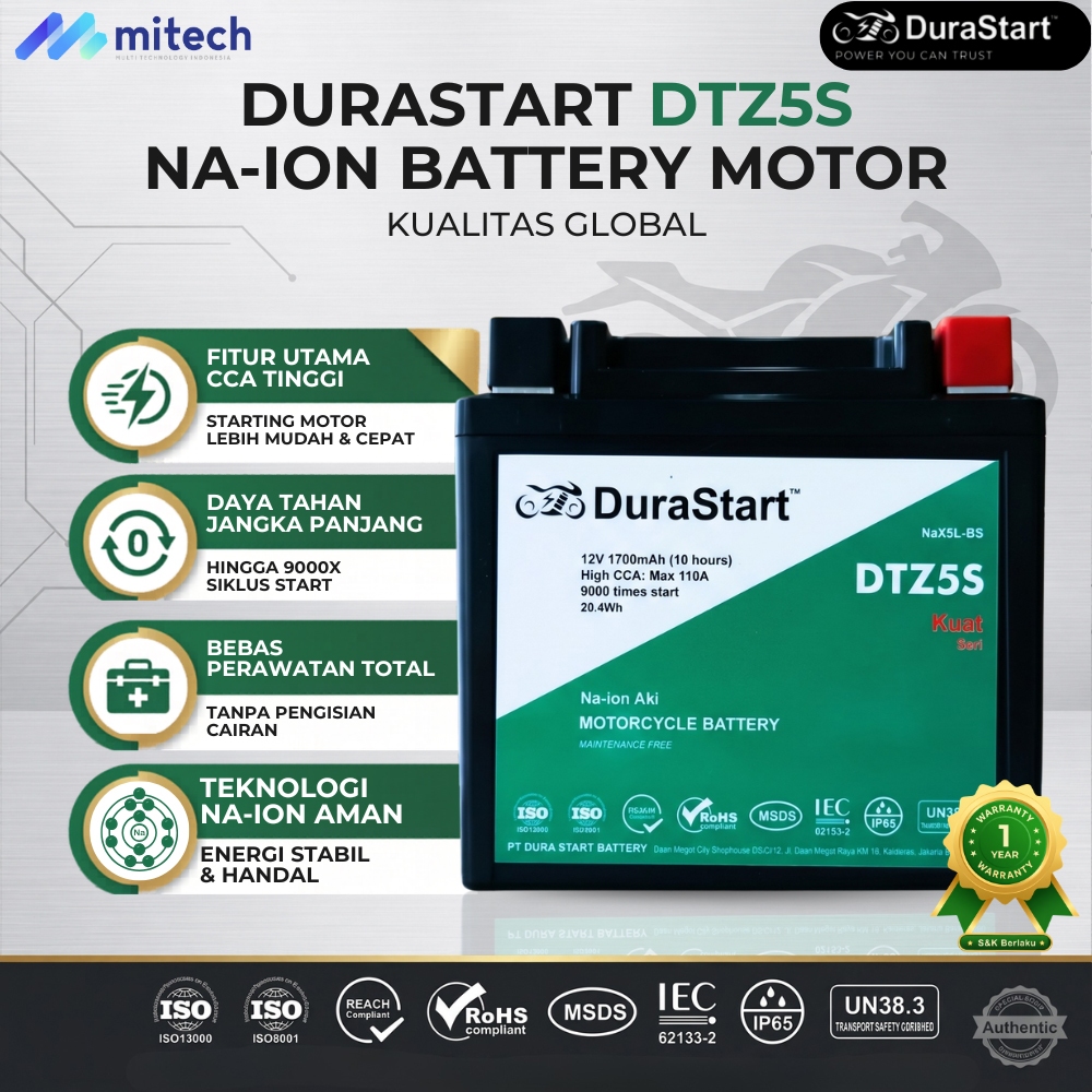 DuraStart Aki Motor Sodium Honda Vario 125 / 150 / 160 DTZ5S - Aki Na Ion High CCA / Aki Kering