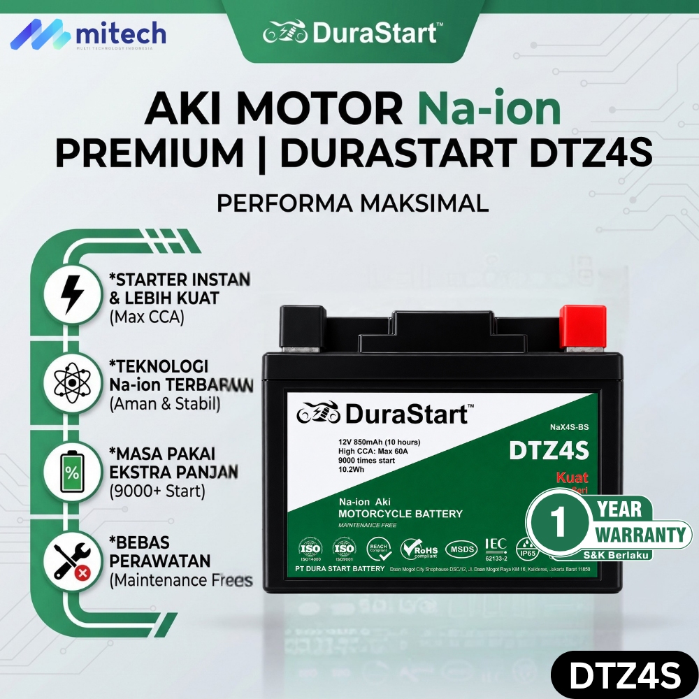 DuraStart Aki Sodium Motor DTZ4S / GTZ5Z / YTZ5S / MTZ5S - Aki Sodium High CCA / Aki Kering
