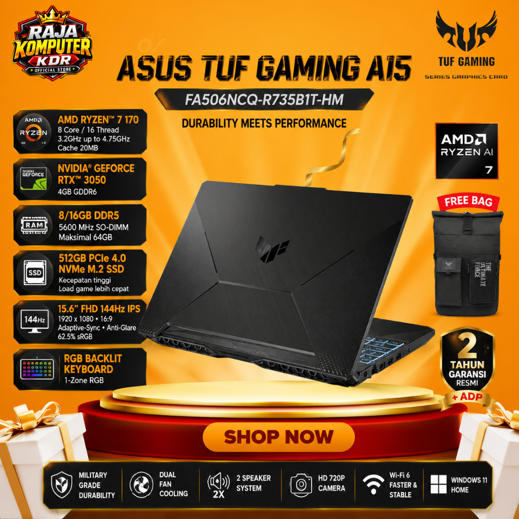 ASUS TUF A15 FA506NCQ RYZEN 7 170 RTX3050 4GB/ 8GB 512GB W11+OHS+M365B 15.6FHD IPS BLK -R735B1T-HM