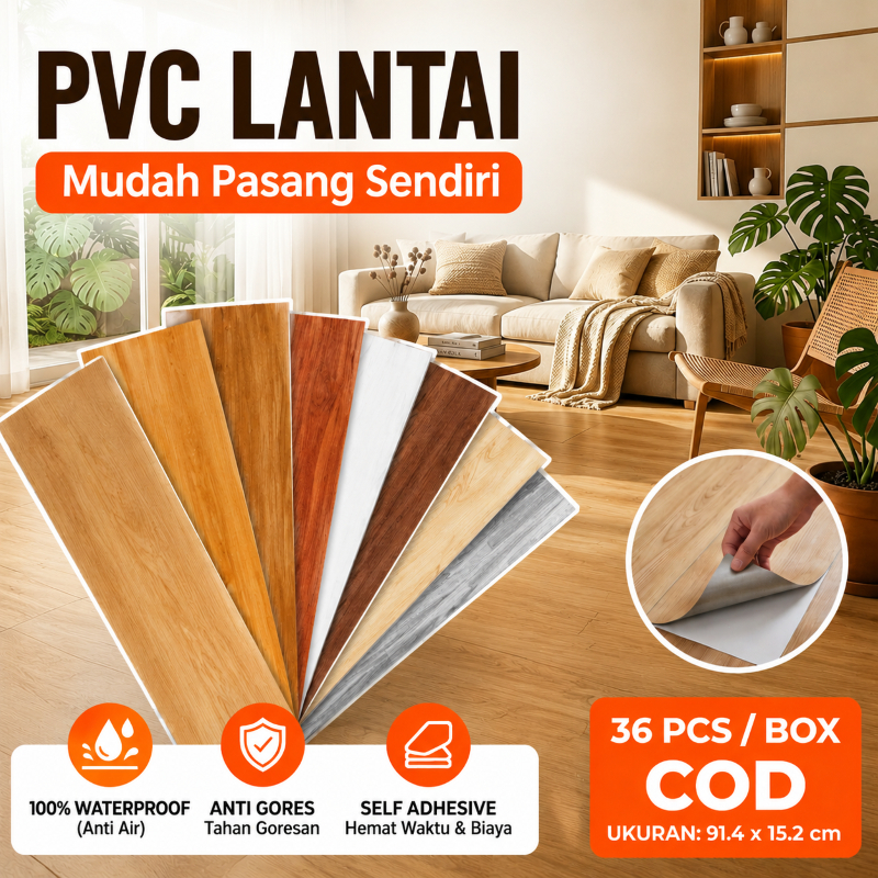 Stiker lantai vinil / Lantai kayu imitasi berperekat  Ubin lantai PVC Seri Premium 91,5 cm × 15,2 cm  1 kotak (36 lembar)