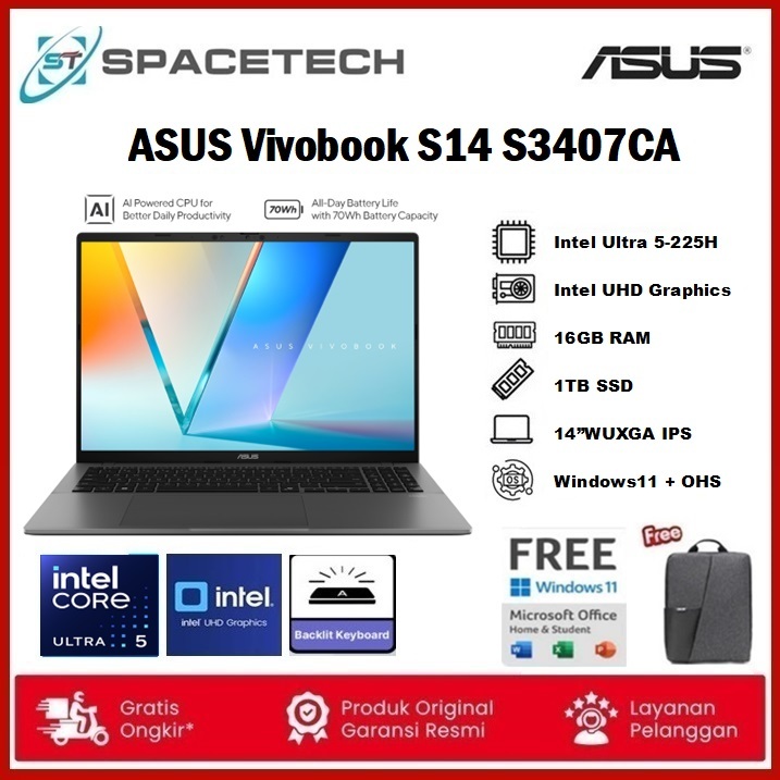 Jual ASUS Vivobook S14 S3407CA Ultra 5 225H 16GB SSD 1TB 14