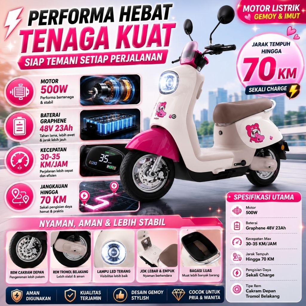 Motor Listrik YADEA Yuanqi Mia 500W Baterai Graphene 48V 23Ah Jarak Tempuh Hingga 70KM Rem Cakram Depan
