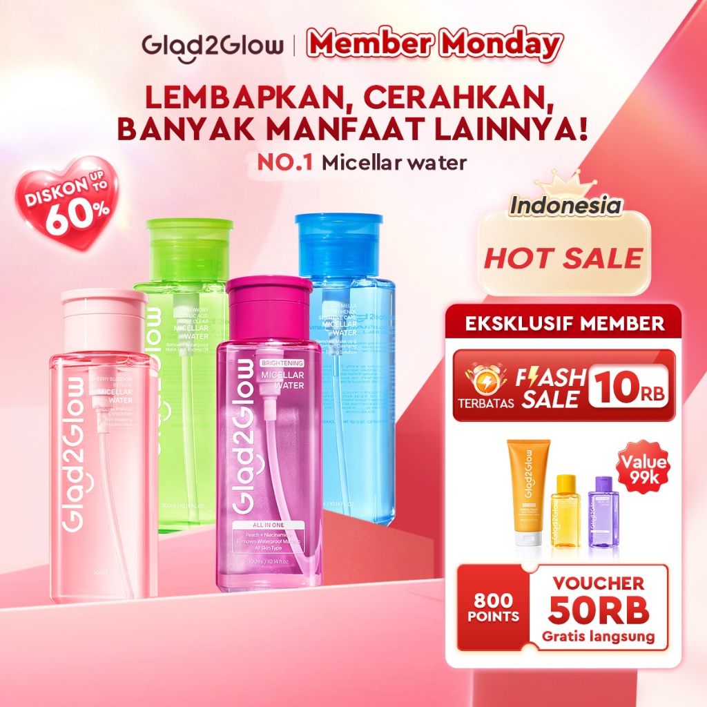 [HOT SALE]Glad2Glow Micellar Water 300ml cleansing oil cleansing balm micellar centella salycilic acid remover pembersih double cleansing pembersih make up remove cleanface facial  Menghilangkan jerawat Penghapus riasan g2glow official store
