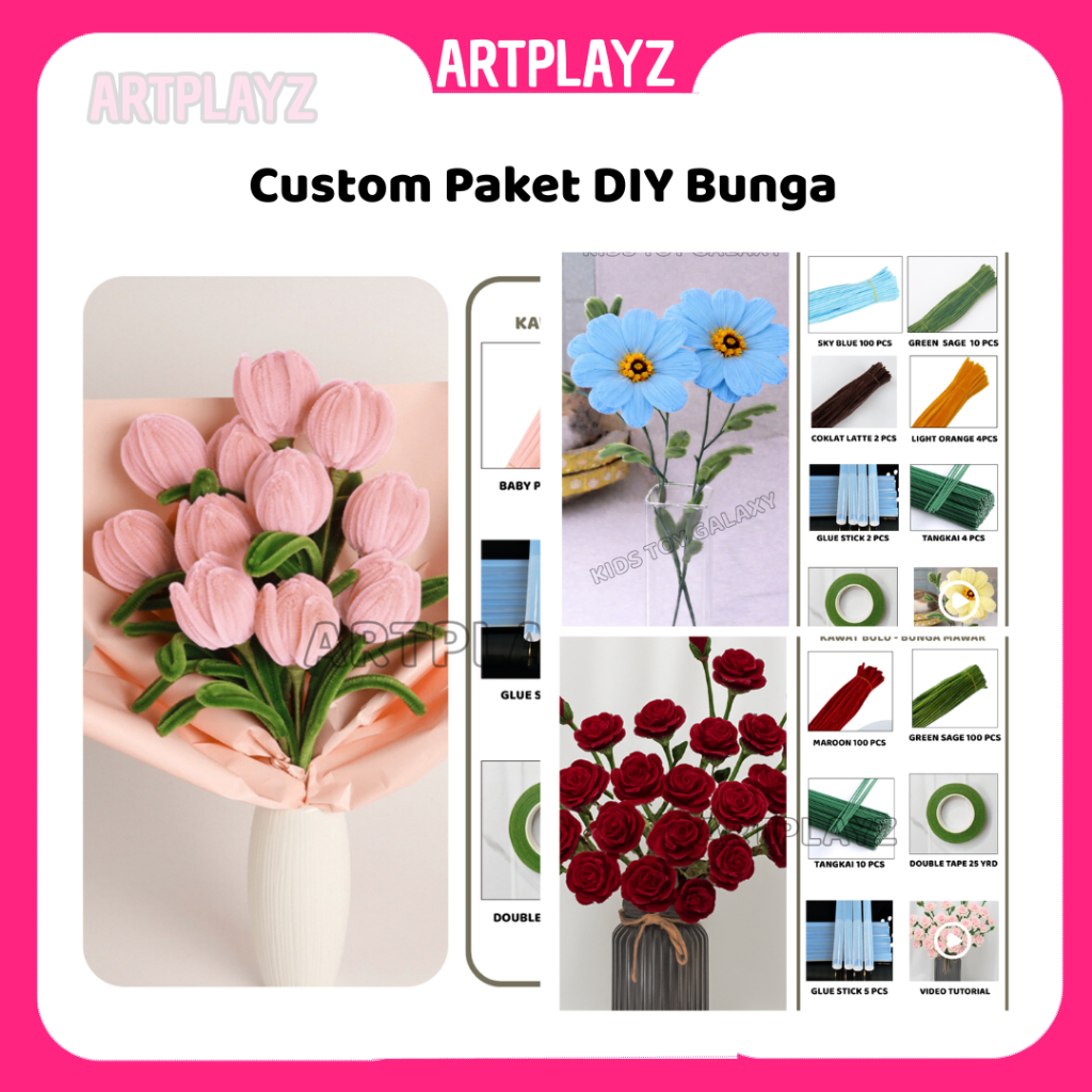 CUSTOM Paket DIY Bunga Tulip Rose Lili Kawat Bulu Lengkap Tutorial | Kit DIY | SET DIY Flowers Paket
