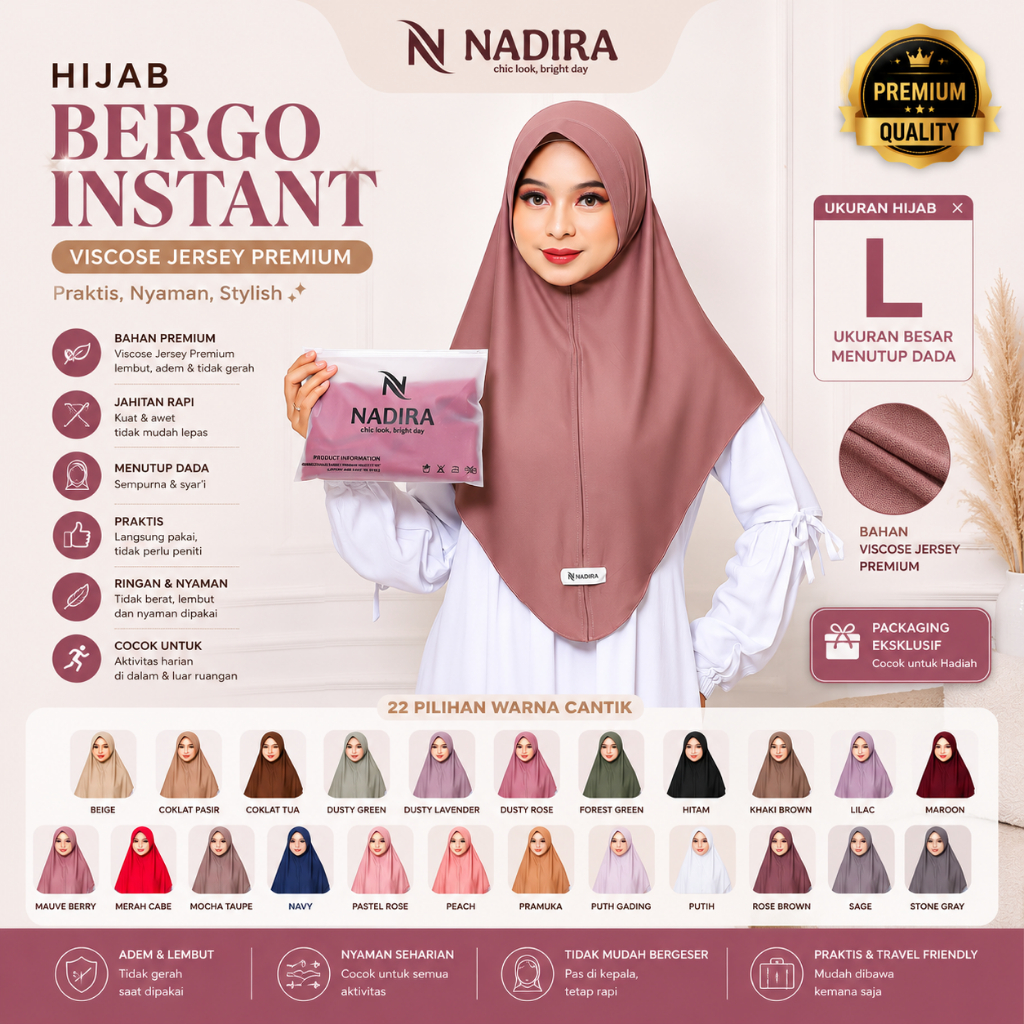 NADIRA I HIJAB BERGO INSTANT VISCOSE JERSEY PREMIUM UKURAN L