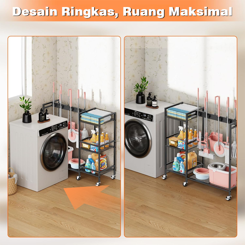 Jual Rak Alat Pembersih Multifungsi dengan Roda - Rak Sapu Pel Dinding ...