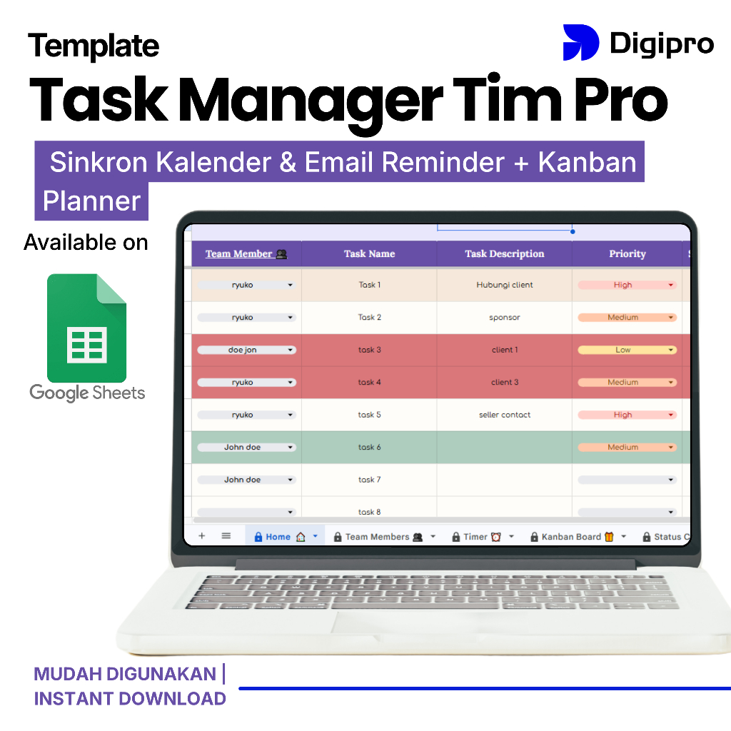 Jual Template Manajemen Tugas Tim Pro Google Sheets | Sinkron Kalender ...
