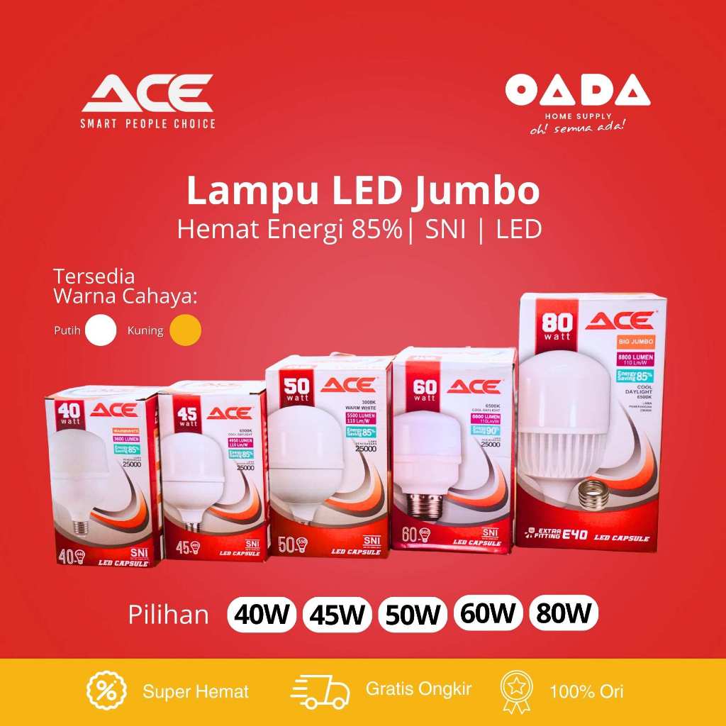 Jual ACE Lampu LED Jumbo Kapsul 40W 54W 50W 60W 80W Cahaya Putih Cahaya ...