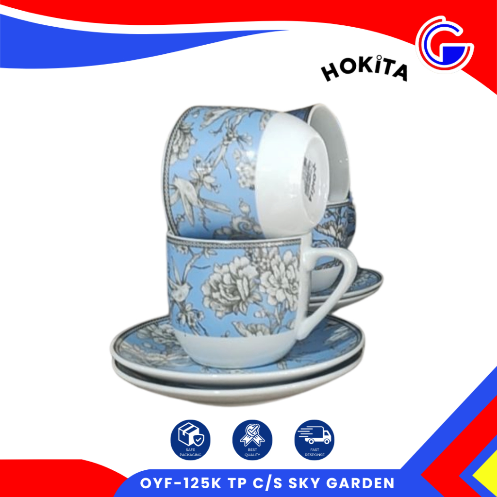 Hokita Cangkir Lepek Set Keramik 12Pcs Sky Garden - Hampers Tea Set Biru Lebaran Gift Box