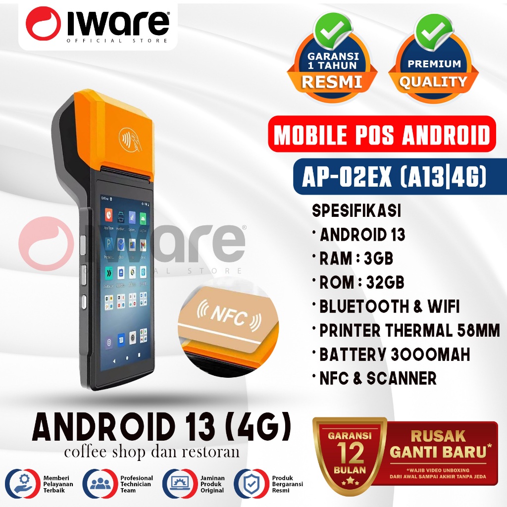 Jual Iware Mobile Pos Android 13 AP-02EX 3/32GB 4G With Printer 58mm ...