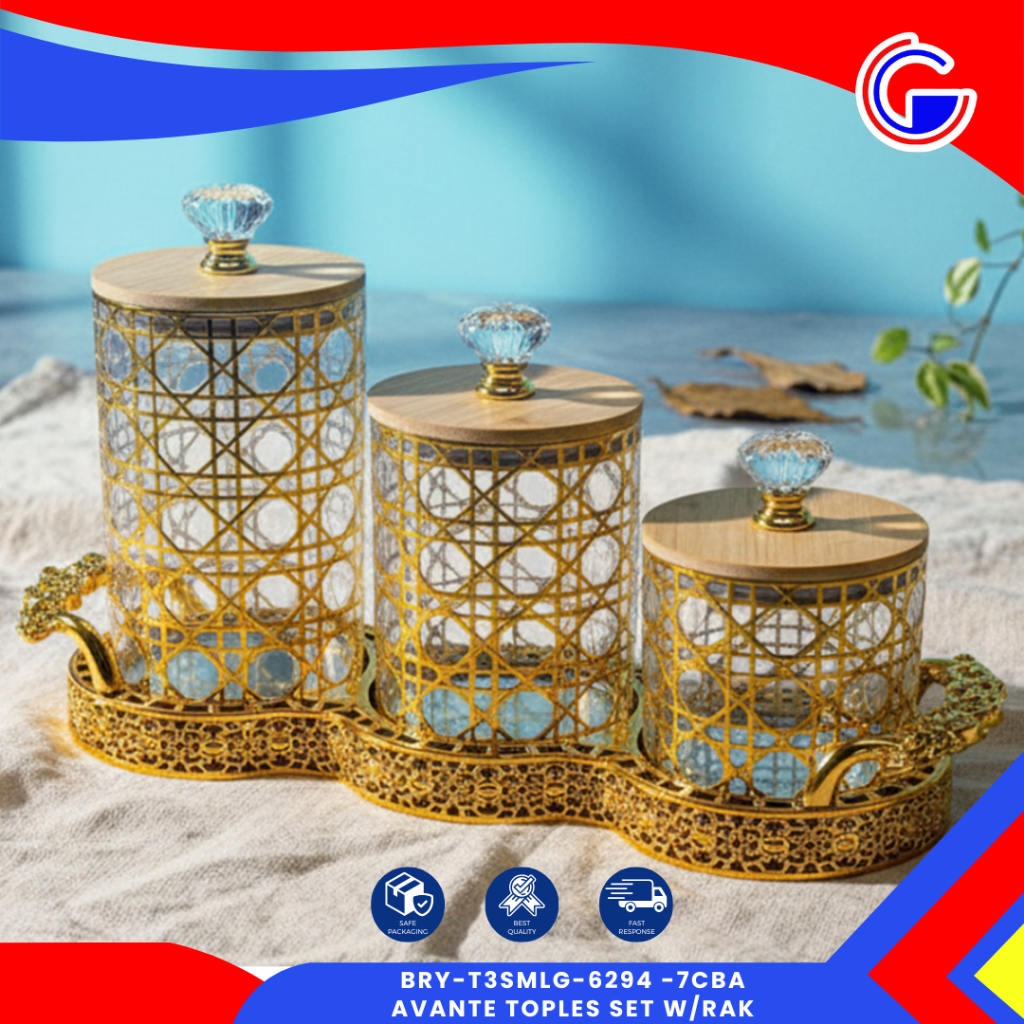 Avante Toples Sultan Gold Set 3 Pcs + Nampan Akrilik Kristal Mewah - Toples Kue Kering Kaca Lebaran Wadah Perhiasan